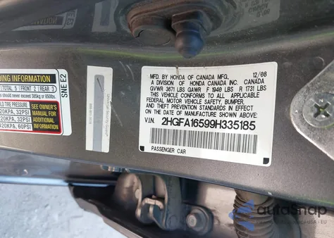 2009 Honda Civic Lx из США, поврежденный, VIN 2HGFA16599H335185